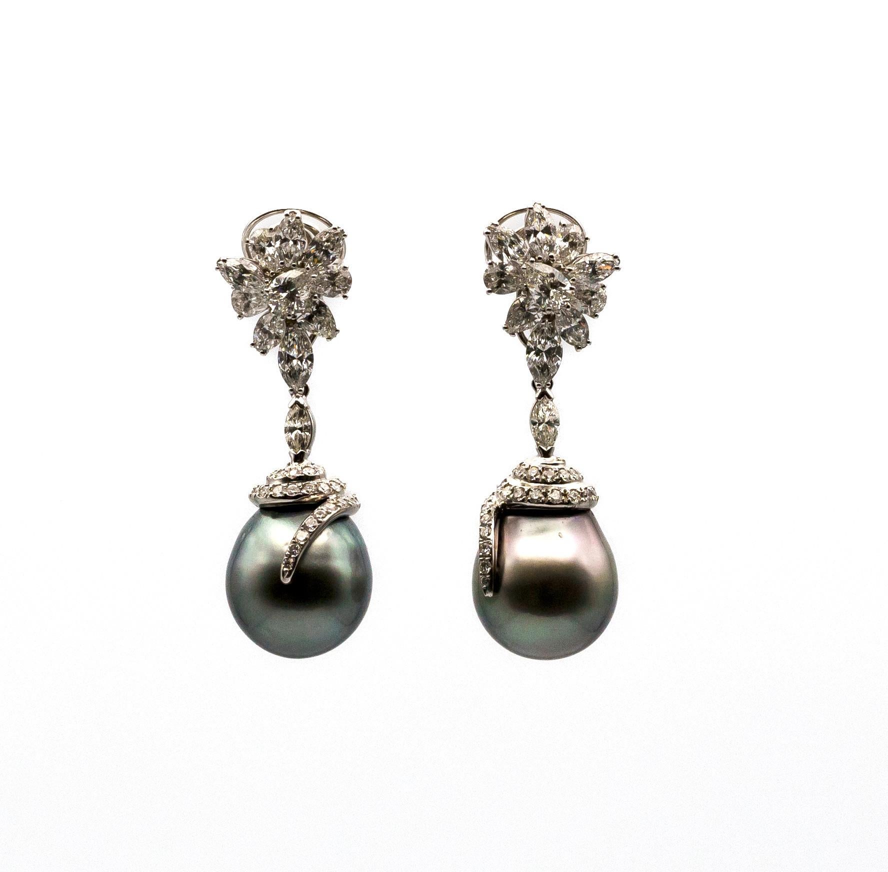 Pear Cut Earrings in white gold set with diamonds, tourmaline, topaze, morganite, pearls For Sale