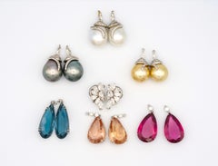 Retro Earrings in white gold set with diamonds, tourmaline, topaze, morganite, pearls