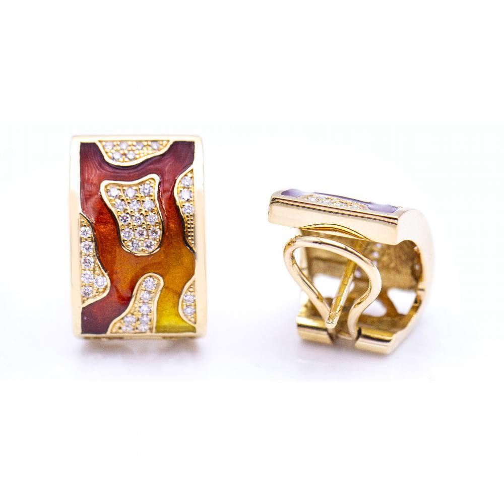 Earrings in gold and fire enamel  76 brilliant cut diamonds with a total weight of 0.55ct. in H/VS quality  Omega clasp  18kt yellow gold  18.07 grams.  Measures approx. 13.65mm wide and 19.80mm high.  Brand new product, N102897