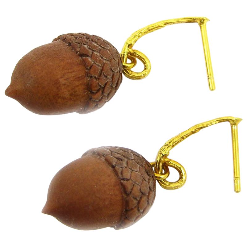 Earrings in Yellow Gold with Sawo Wood Acorns For Sale