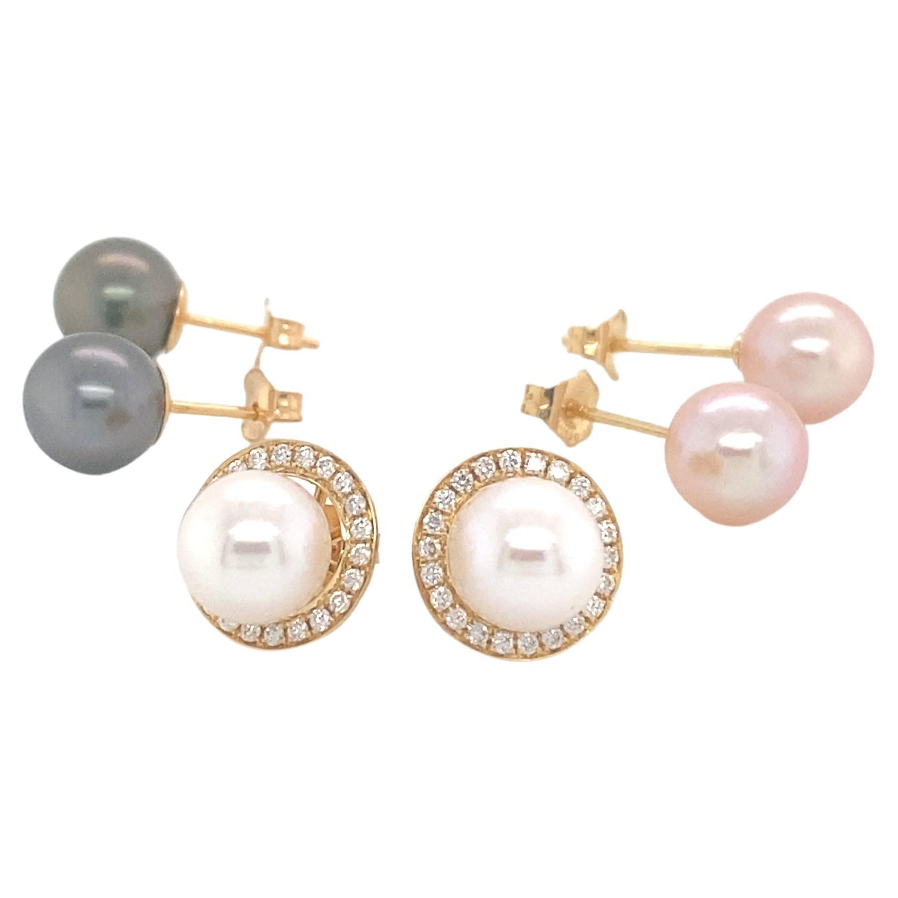 Earrings Interchangeable Cultured Pearl and Diamonds and 18k Yellow Gold
