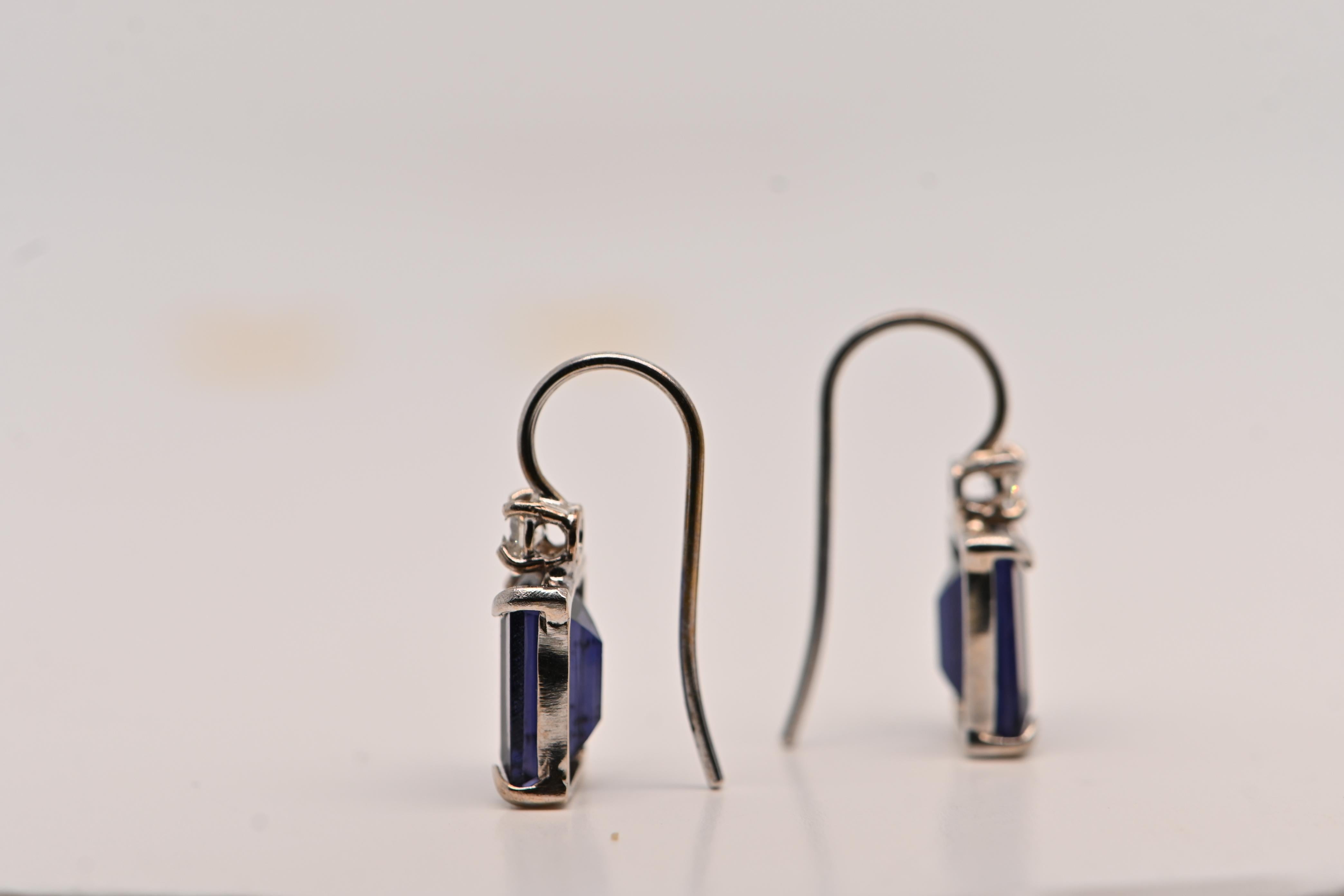 Emerald Cut Earrings Iolite Diamonds 0, 12 Carats White Gold 18 Carats For Sale