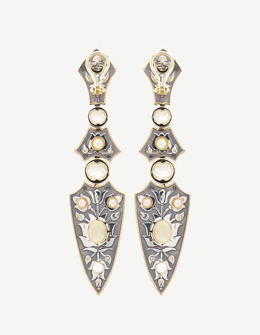 Neoclassical Diamonds White Topaz Opal Lance Earrings in 18k Yellow gold by Elie Top