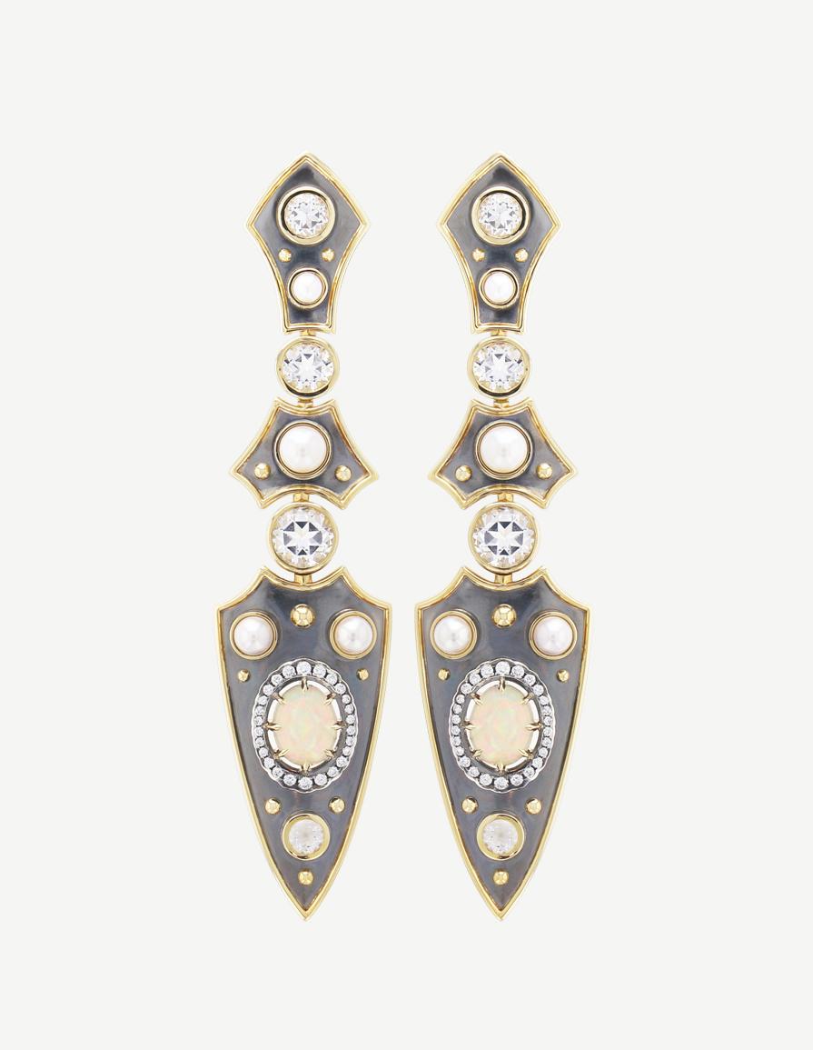 Cushion Cut Diamonds White Topaz Opal Lance Earrings in 18k Yellow gold by Elie Top