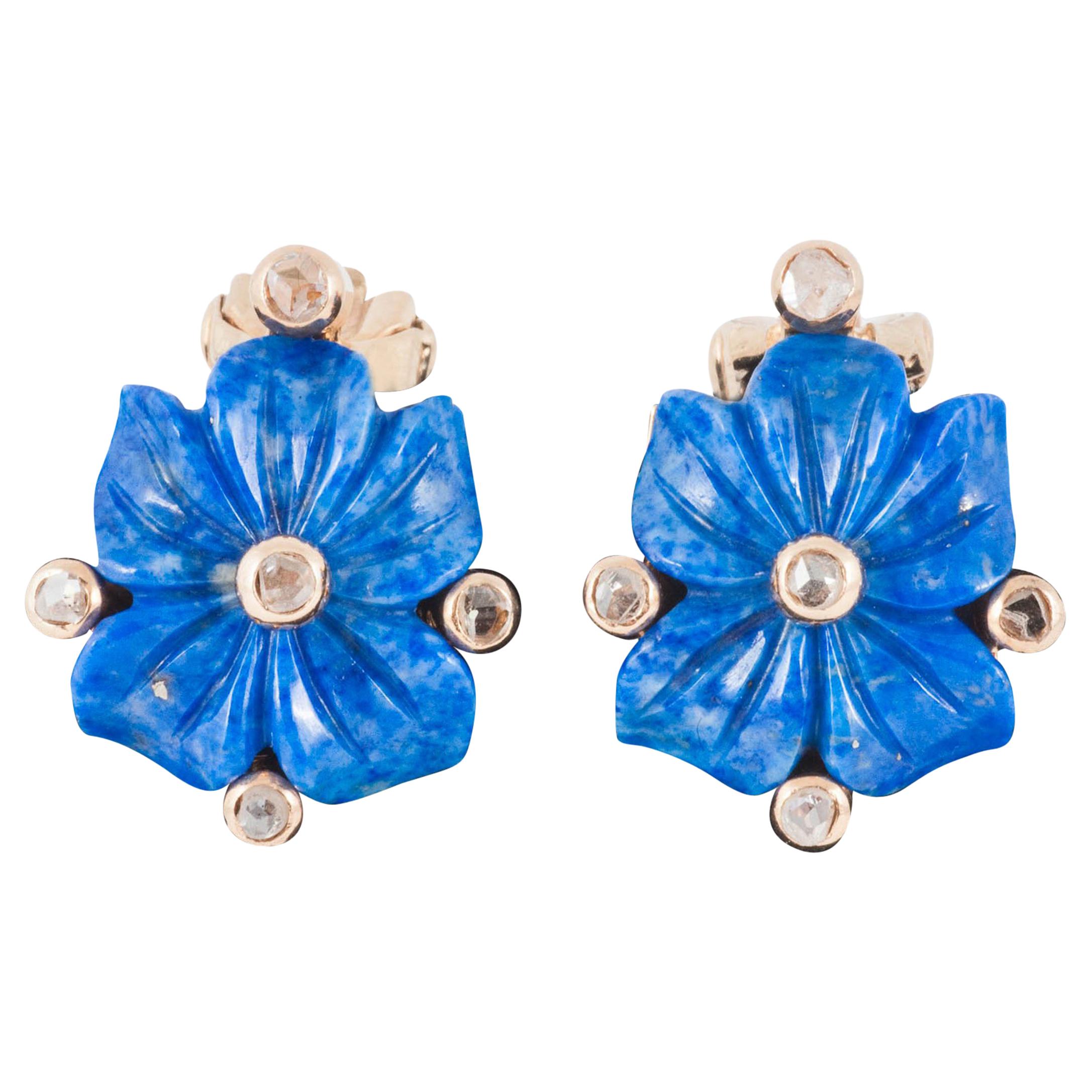 Vintage Carved Flower Earrings in Lapis Lazuli & Diamonds, Italian circa 1950. For Sale