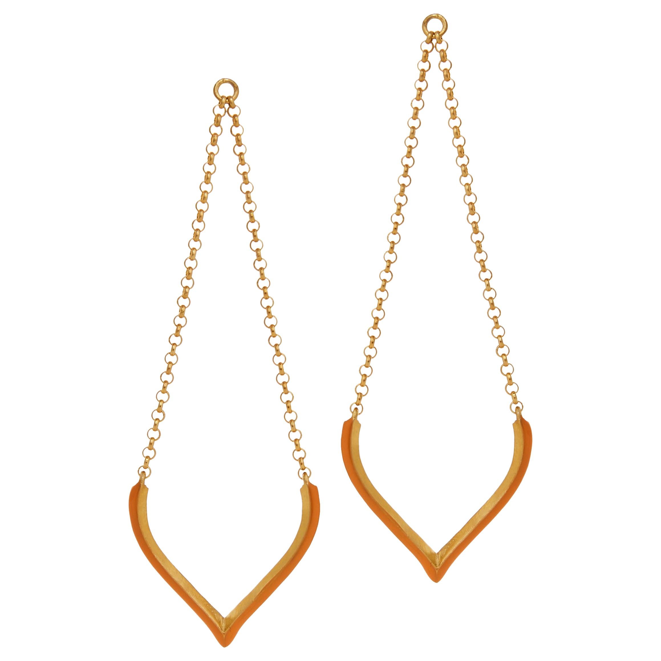 Earrings Long Chain Lotus 18 Karat Gold-Plated Silver Enamel Greek Jewelry For Sale