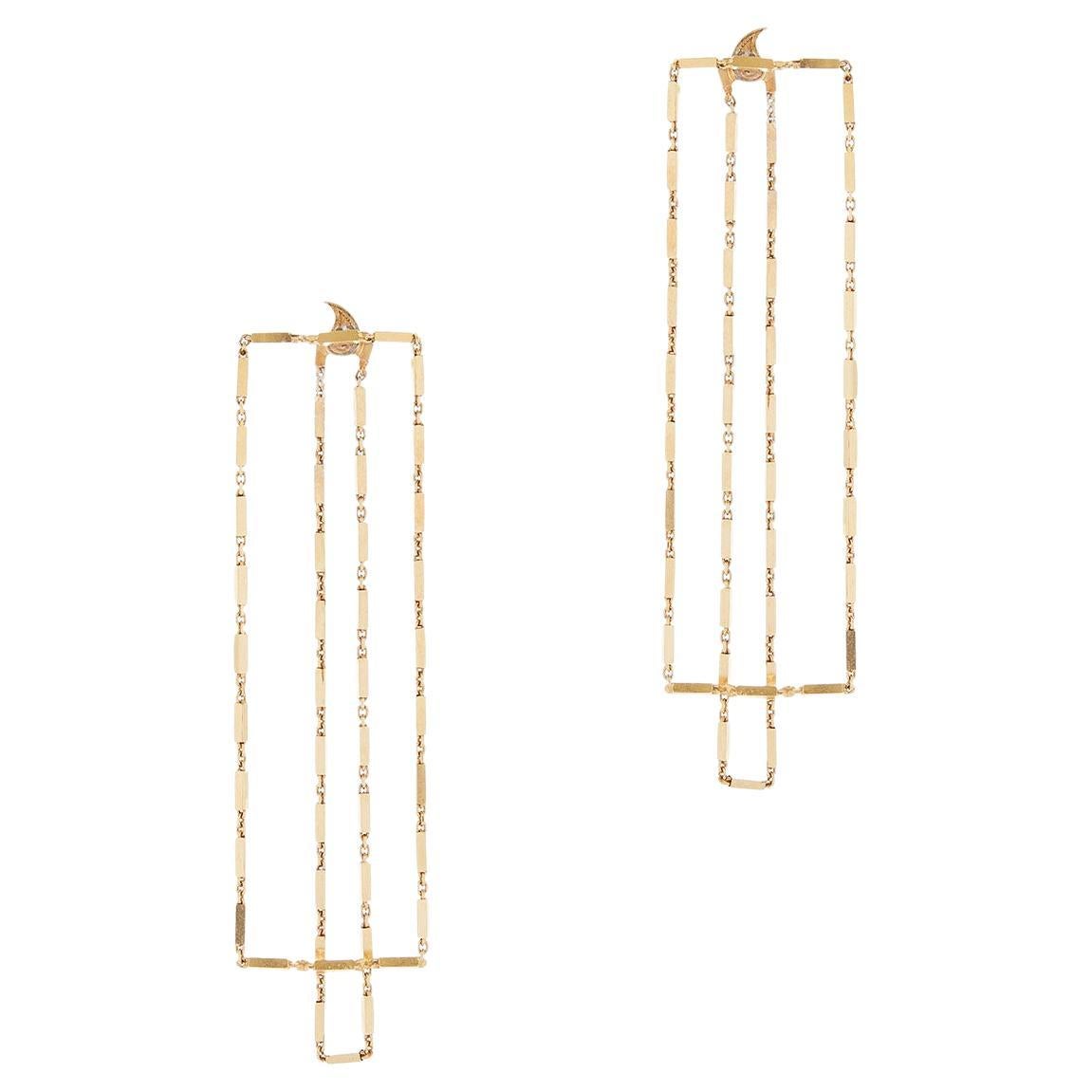 Earrings Long Light Box Chain Rectangular 18k Gold-Plated Silver Greek Earrings For Sale