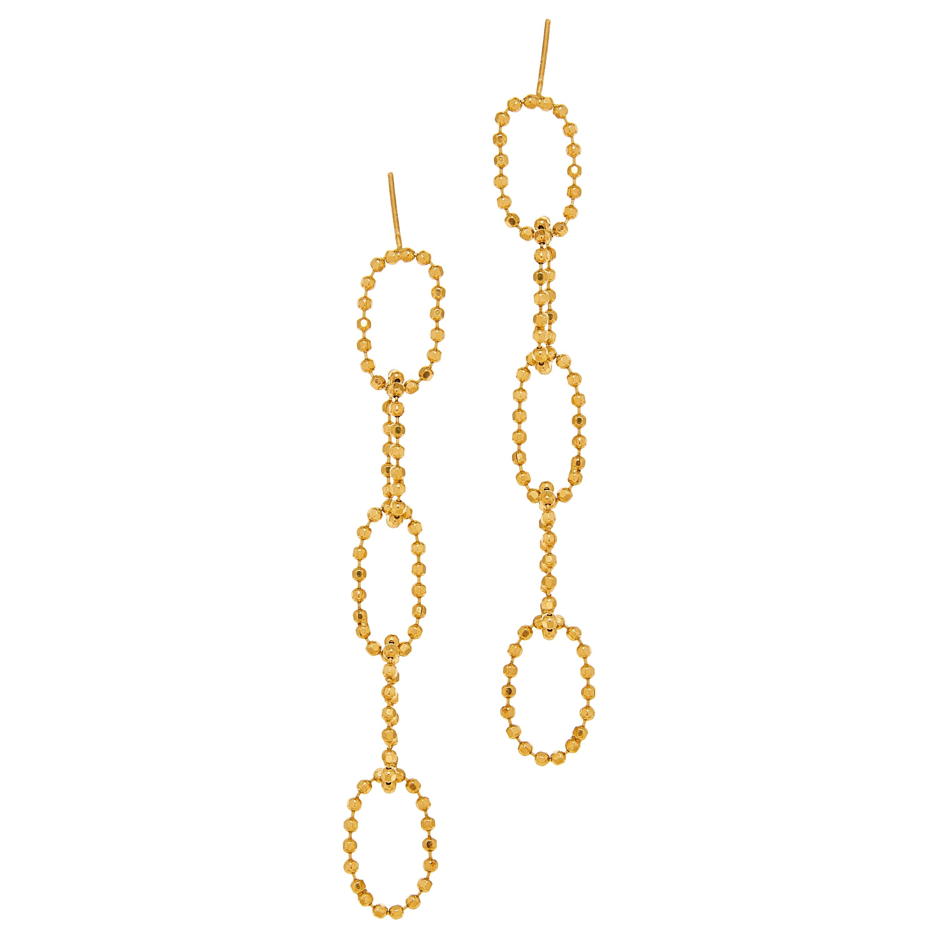 Earrings Long Round Ball Beaded Motif Chain 18K Gold Plated Silver Greek Jewelry For Sale