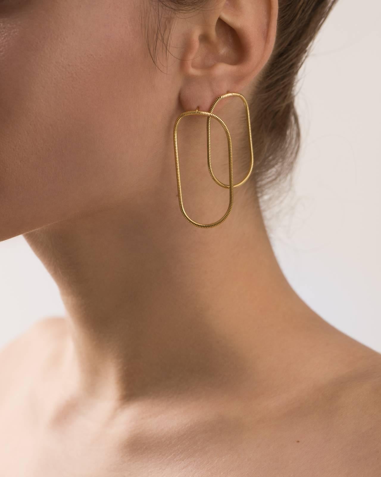 Contemporary Earrings Long Snake Chain Minimal Shape Hoop 924 Sterling Silver Greek Jewelry For Sale