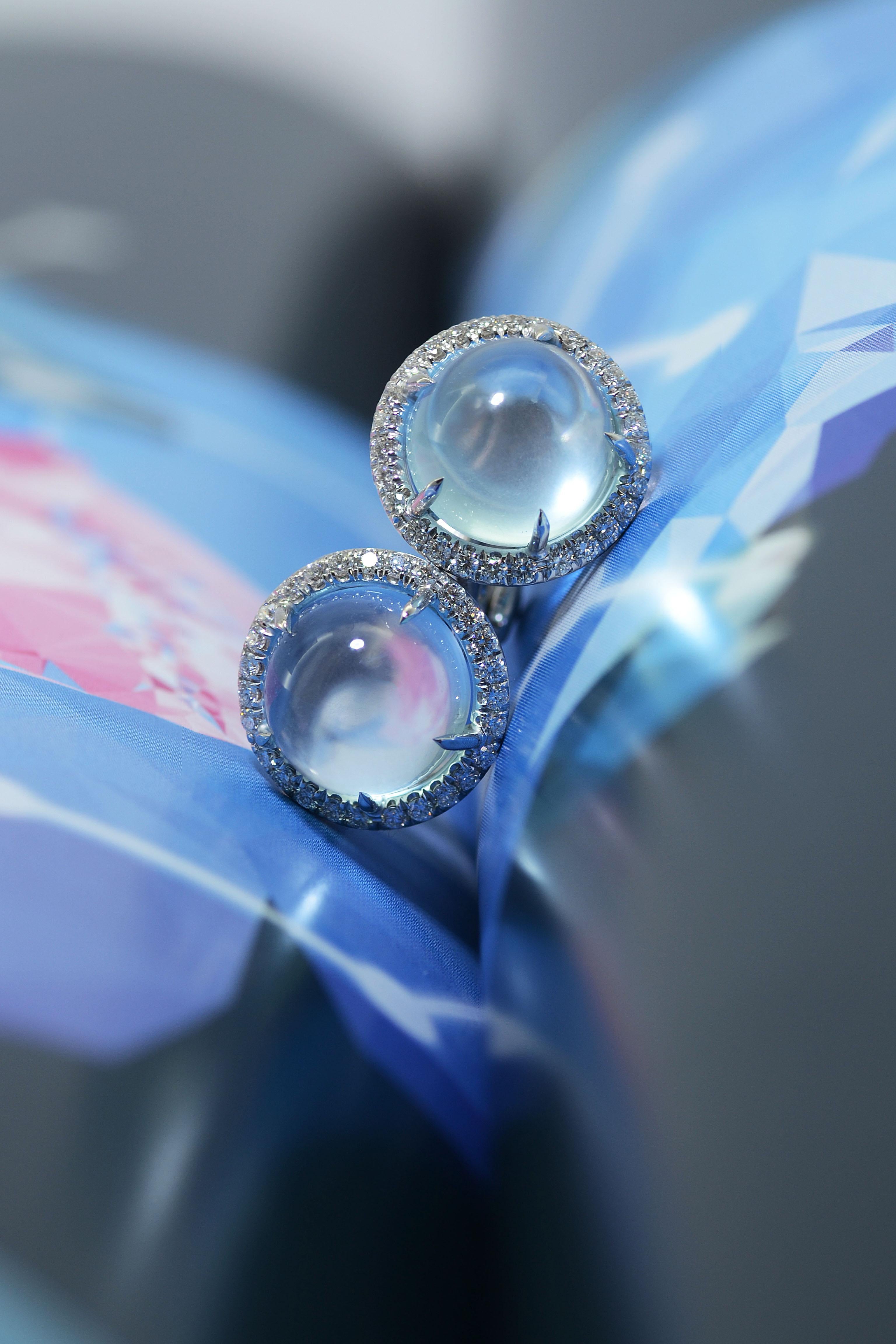 Contemporary Earrings Margherita Burgener Blue Topaz Cabochon Diamond 18 Karat Gold