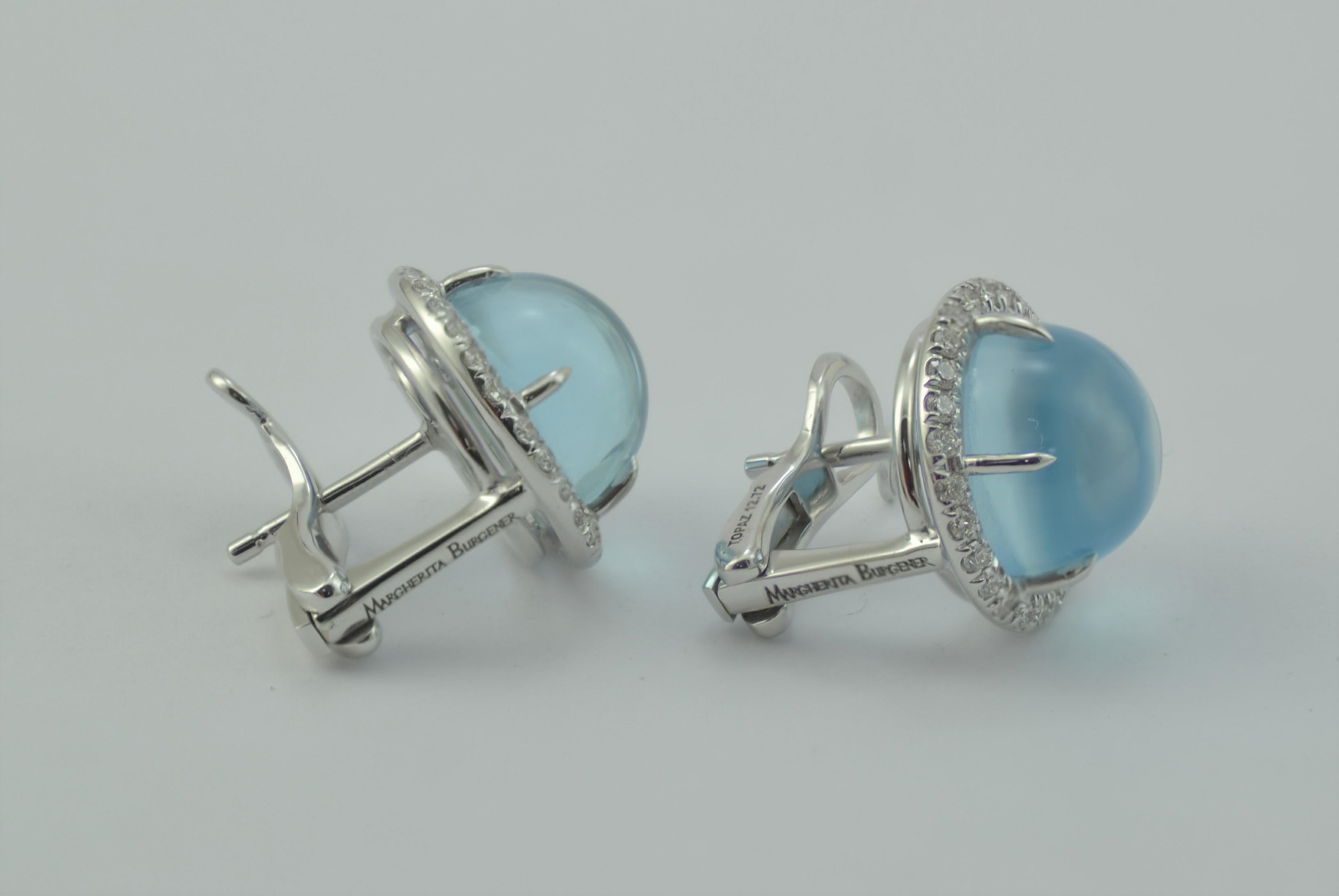Earrings Margherita Burgener Blue Topaz Cabochon Diamond 18 Karat Gold In New Condition In Valenza , IT