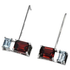 Earrings Mirror Red, Garnet 2 x 2.90 ct  & Aquamarines :  0.55 et 0.60 ct