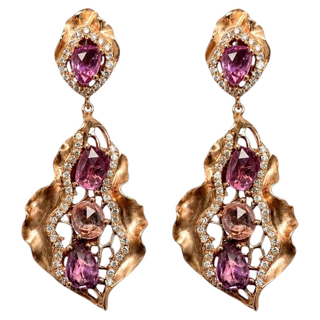 Earrings - Modernist 18K Rose Gold 4.52 CTW Multi-Color Sapphire & Diamond Drops