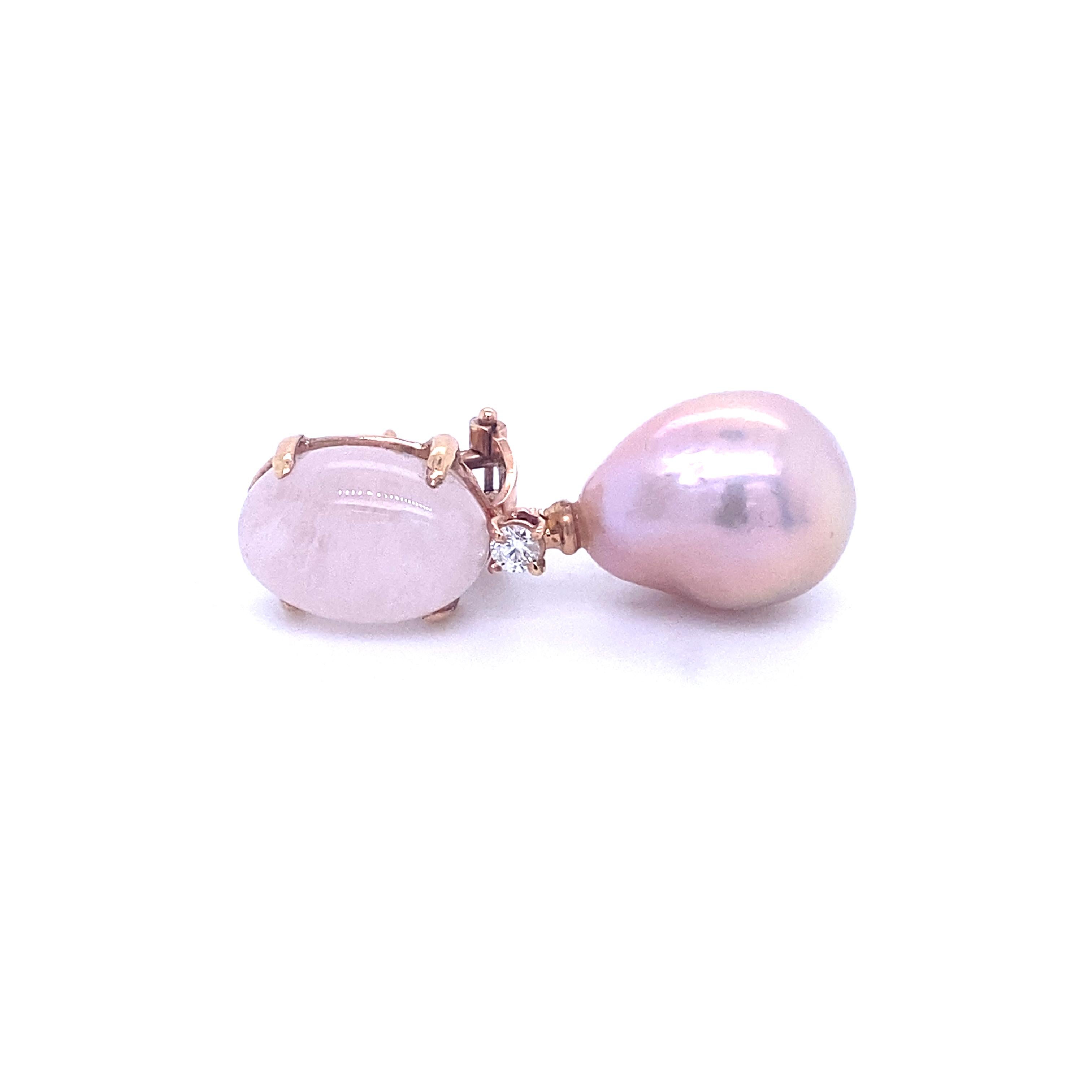 Artisan Earrings Moranite, Pearls and Diamonds 0.14 Carat Rose Gold For Sale