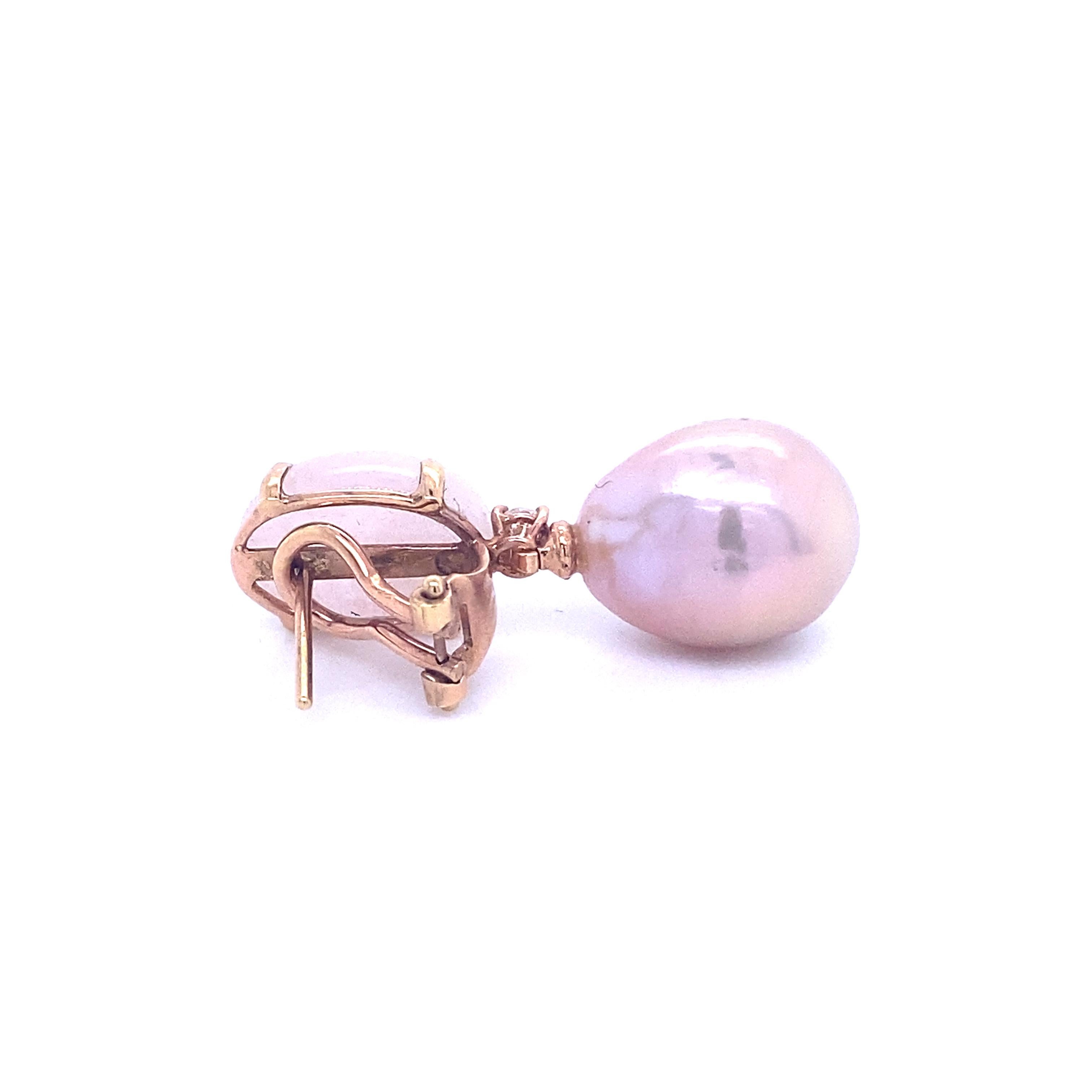 Women's Earrings Moranite, Pearls and Diamonds 0.14 Carat Rose Gold For Sale