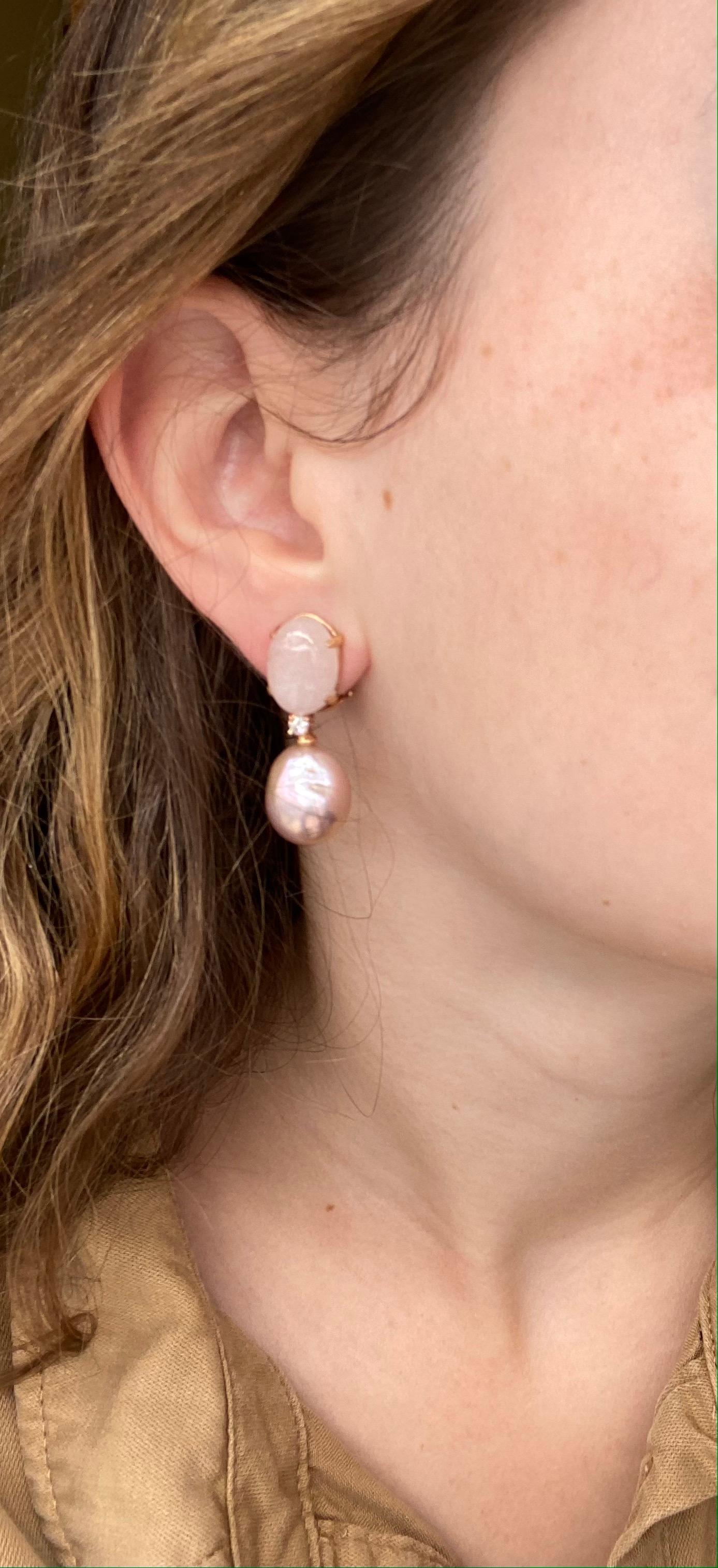 Earrings Moranite, Pearls and Diamonds 0.14 Carat Rose Gold For Sale 1