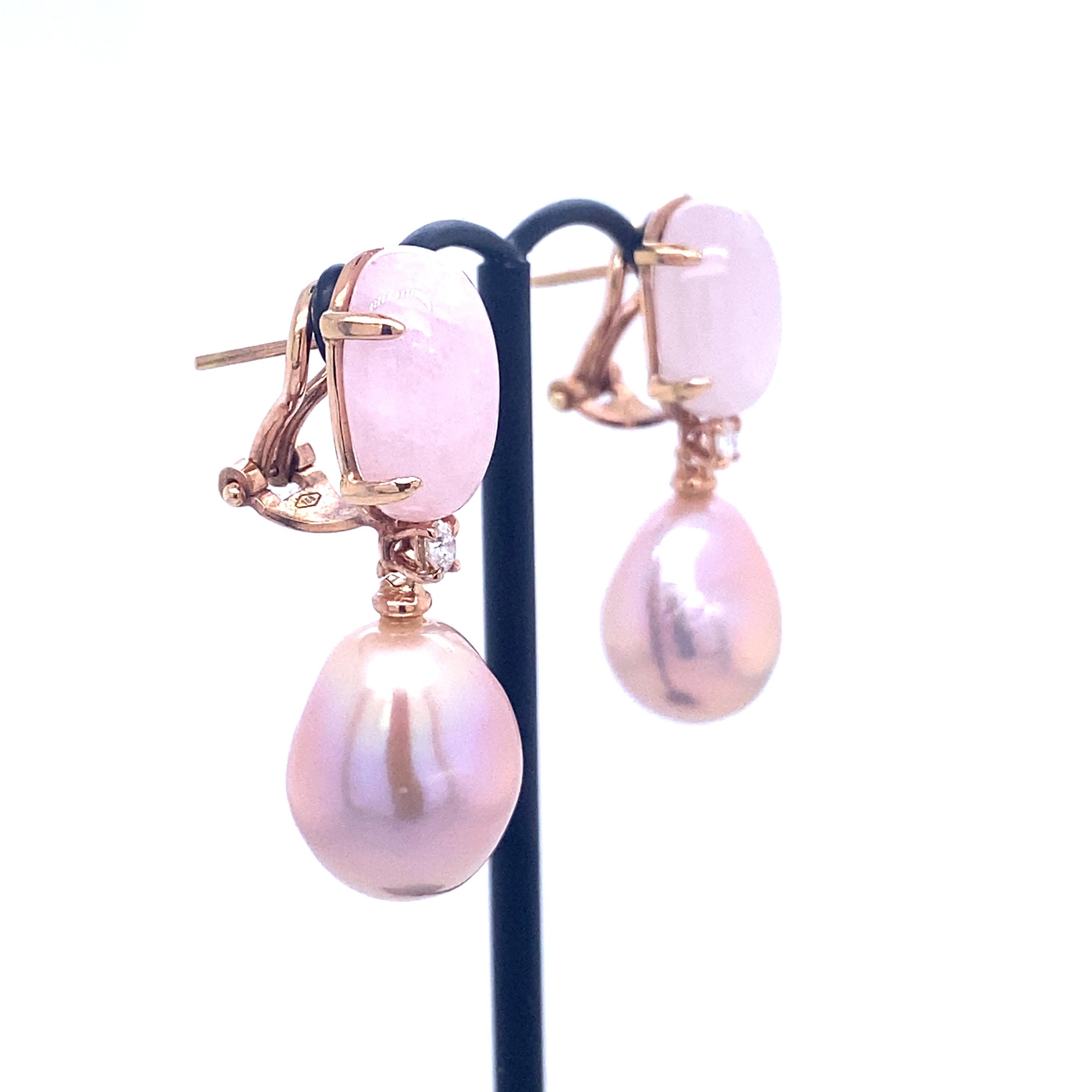 Earrings Moranite, Pearls and Diamonds 0.14 Carat Rose Gold For Sale 2