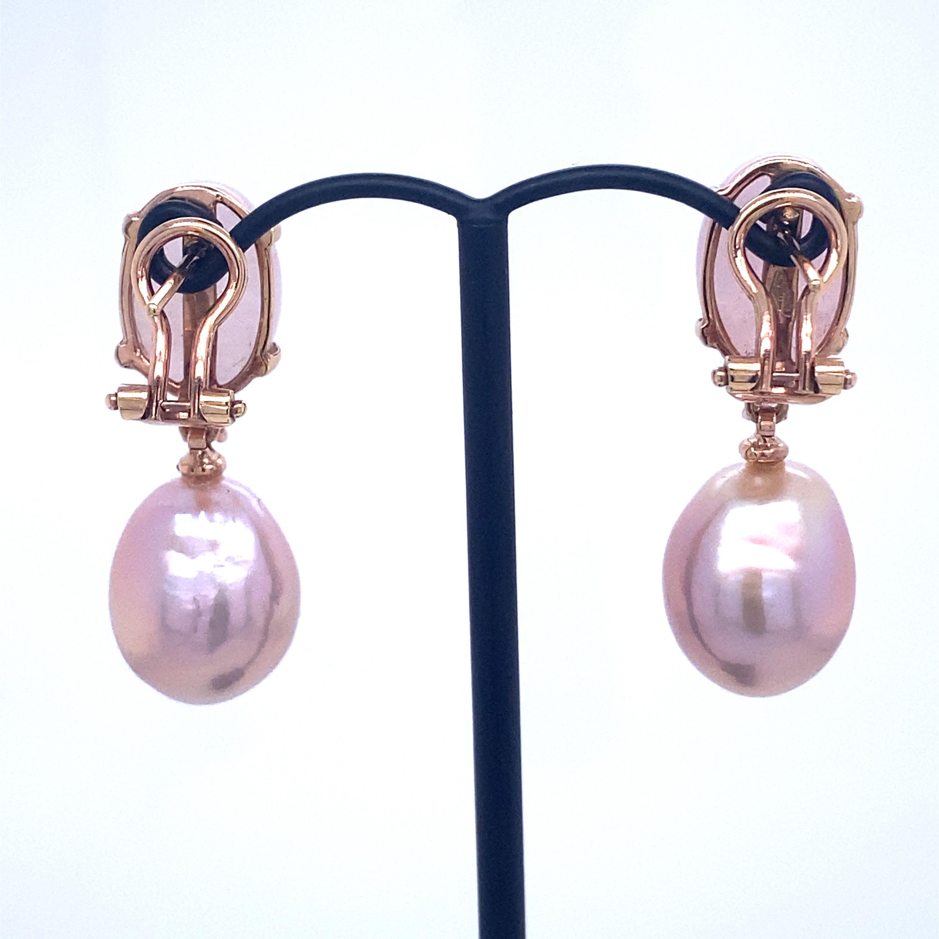 Earrings Moranite, Pearls and Diamonds 0.14 Carat Rose Gold For Sale 3