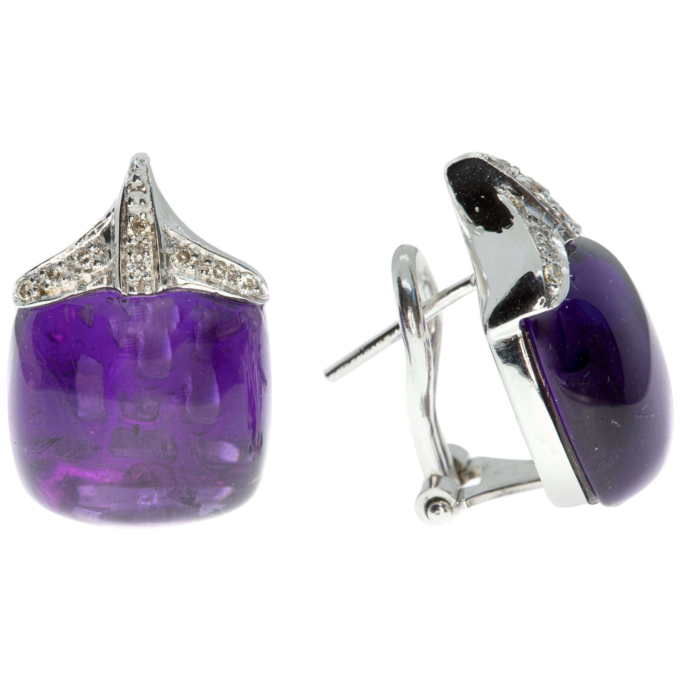 Contemporary 18 Karat White Gold Amethyst and White Pavé Diamond Drop Earrings For Sale
