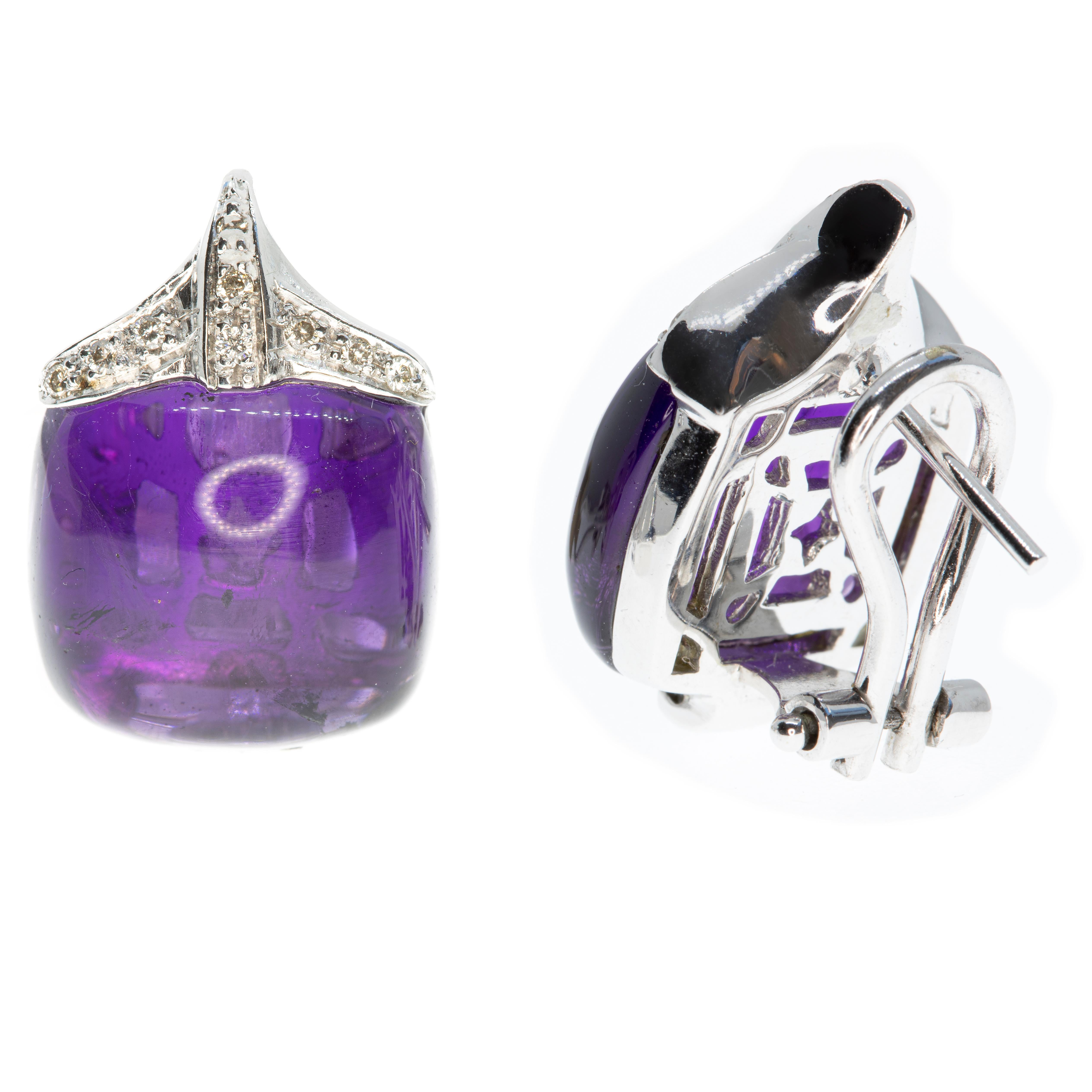 Modern Contemporary 18 Karat White Gold Amethyst and White Pavé Diamond Drop Earrings For Sale