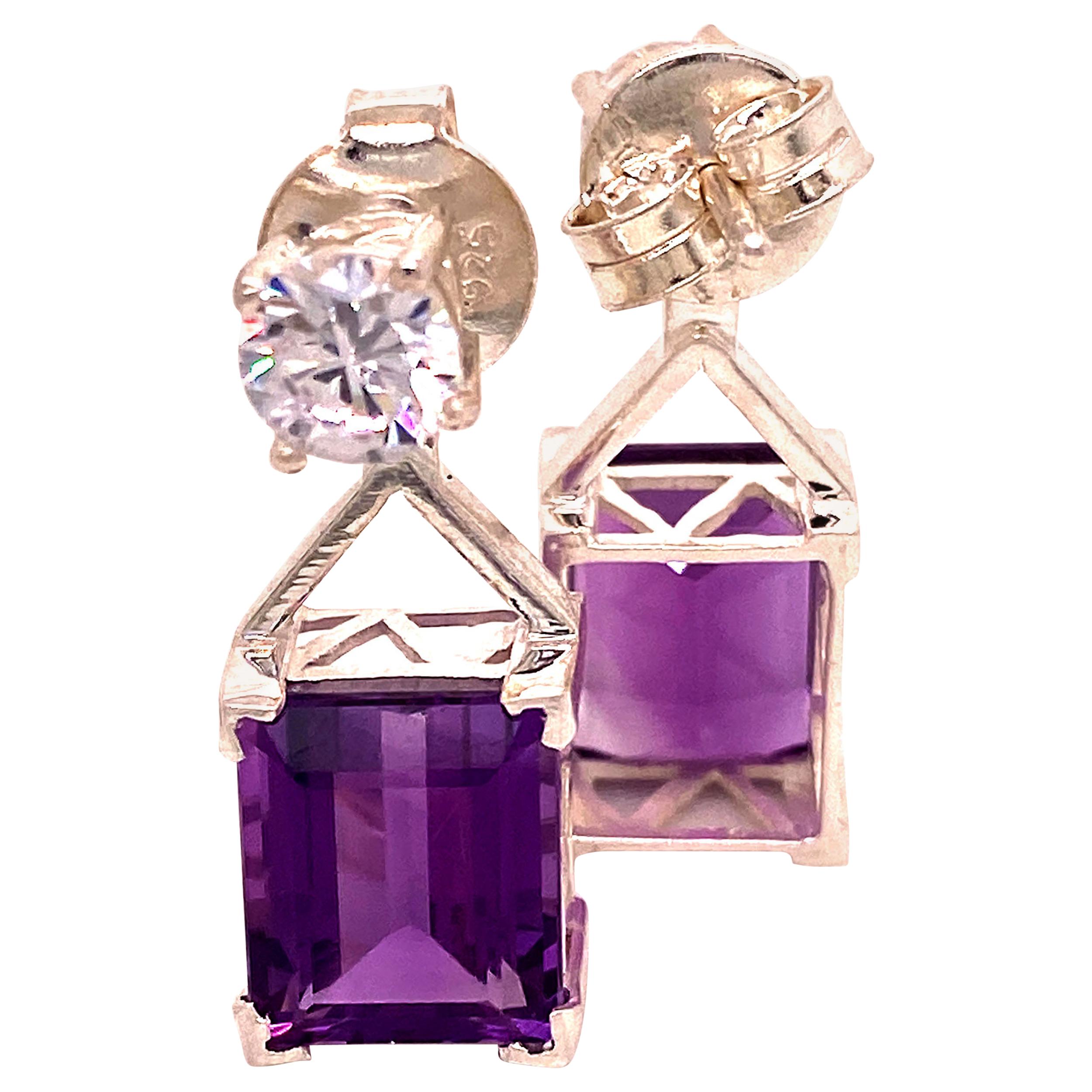 Earrings of Sparkling Zircons and Purple Amethysts February Birthstone