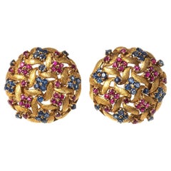 Vintage Earrings of Woven 18 Karat Gold with Sapphires and Rubies, Italian, circa 1950