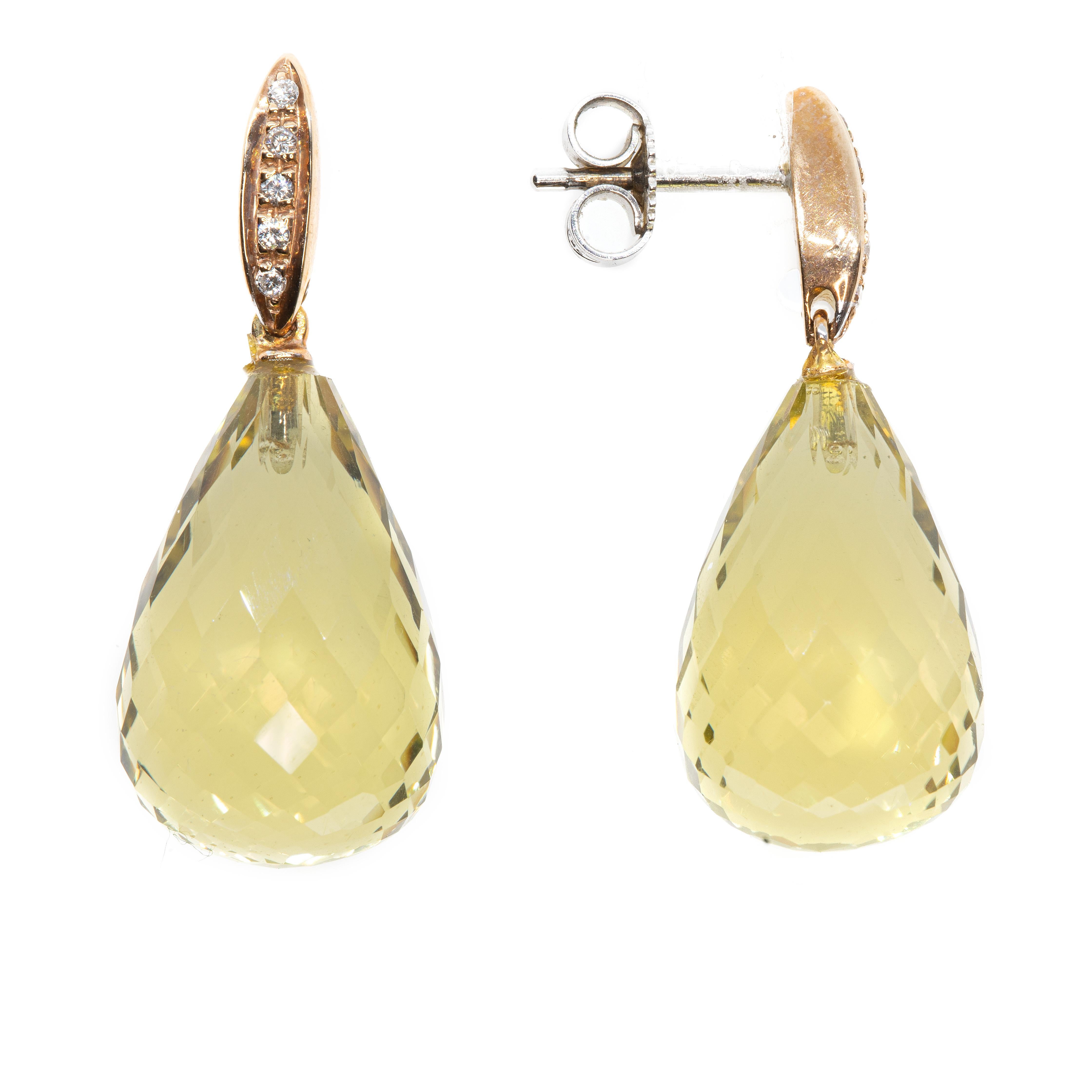 Modern Earrings of Yellow Topaz and White Diamond in 18 Karat Rose and White Gold For Sale