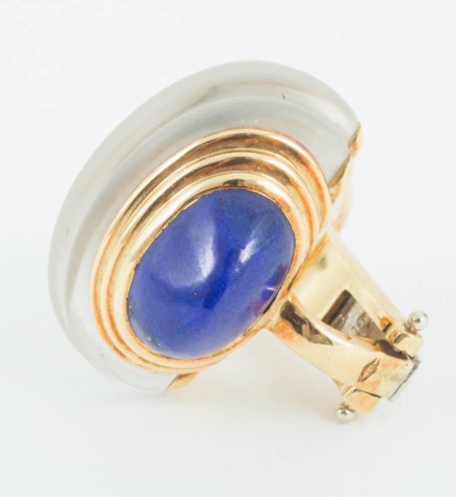Round Cut Boucheron Clip Earrings, Frosted Crystal & Lapis Lazuli in 18k Gold, French 1950 For Sale
