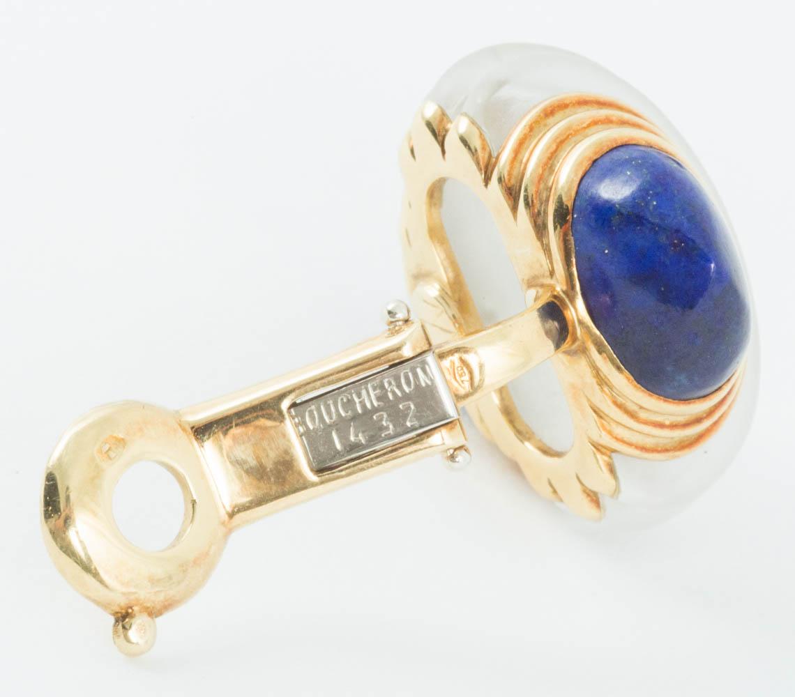 Boucheron Clip Earrings, Frosted Crystal & Lapis Lazuli in 18k Gold, French 1950 Damen im Angebot
