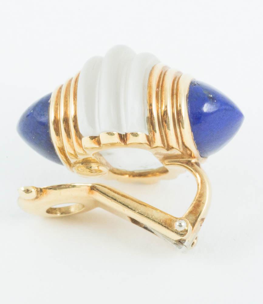 Boucheron Clip Earrings, Frosted Crystal & Lapis Lazuli in 18k Gold, French 1950 For Sale 1
