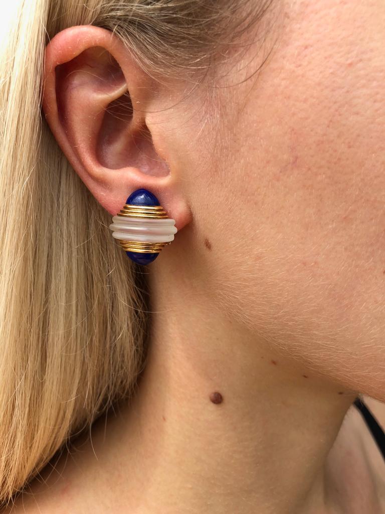 Boucheron Clip Earrings, Frosted Crystal & Lapis Lazuli in 18k Gold, French 1950 For Sale 2