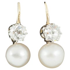 Antique Earrings, Pair of Diamond and Natural Pearl Earrings, English, circa 1900