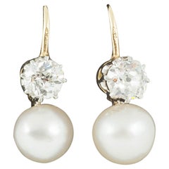 Earrings, Pair of Diamond and Natural Pearl Earrings, English, circa 1900