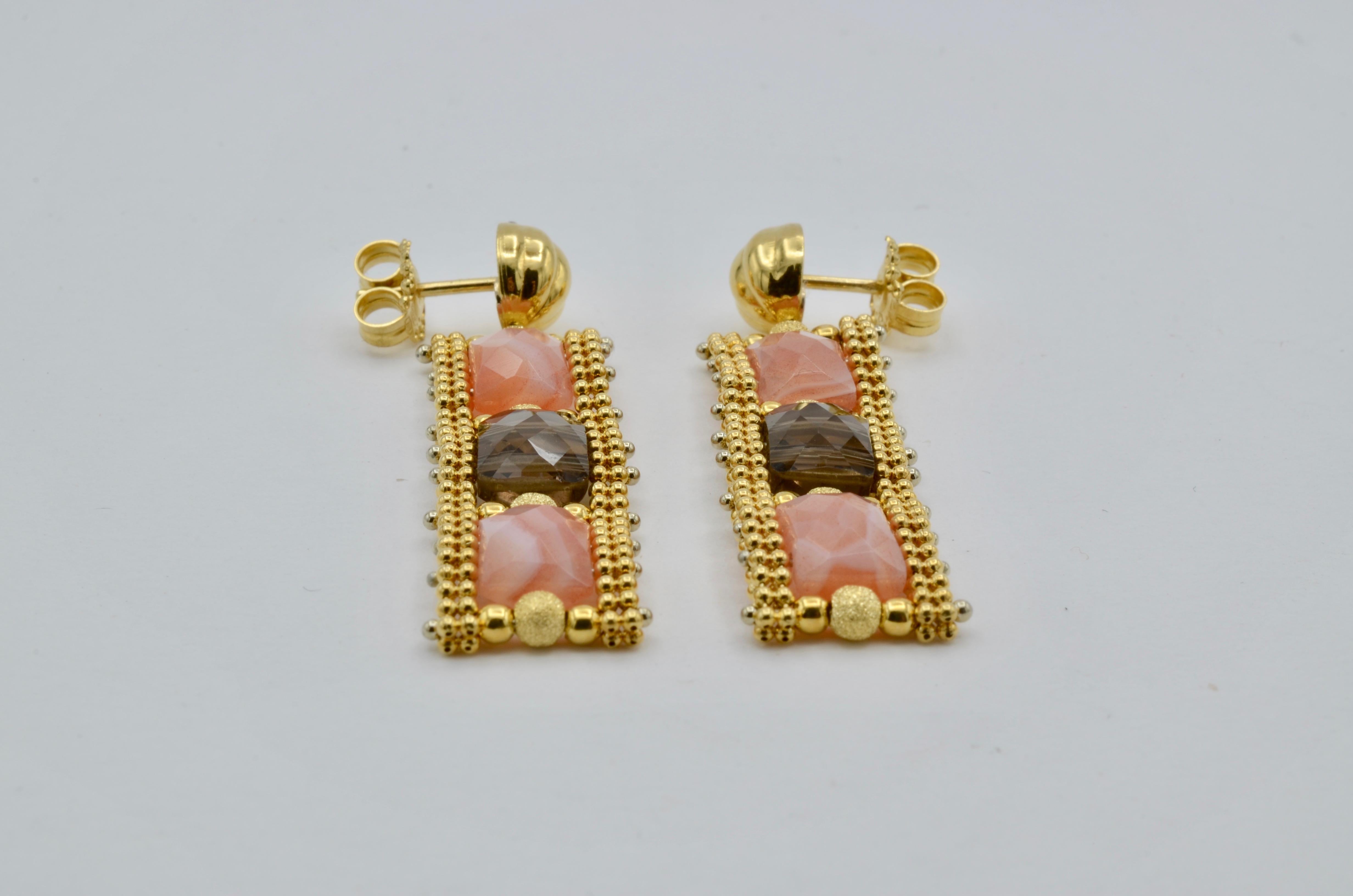 Earrings Pendant 14 Karat Gold Smoky Quartz Rhodochrosite For Sale 7