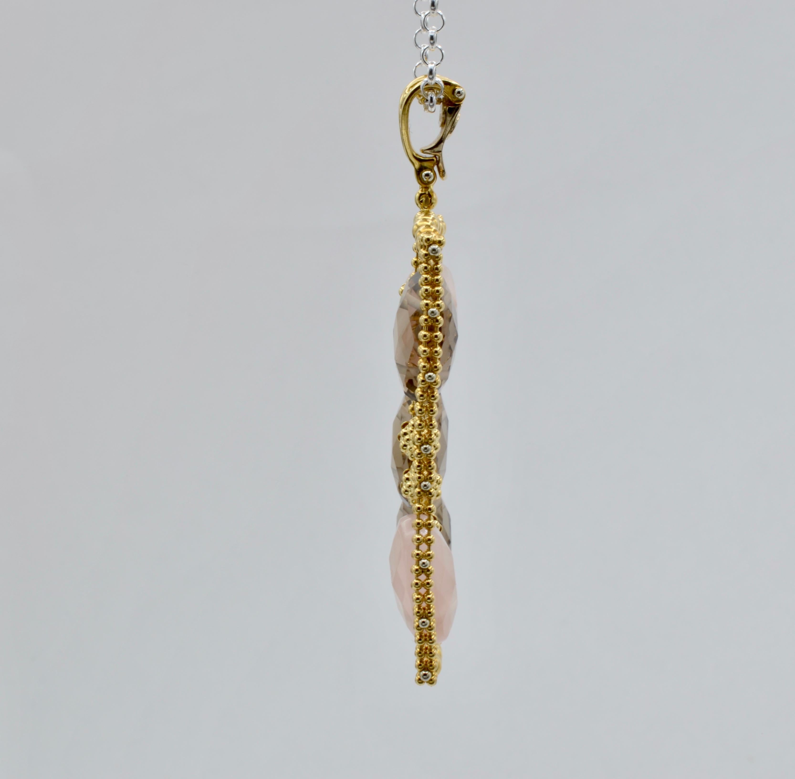 Women's or Men's Earrings Pendant 14 Karat Gold Smoky Quartz Rhodochrosite For Sale