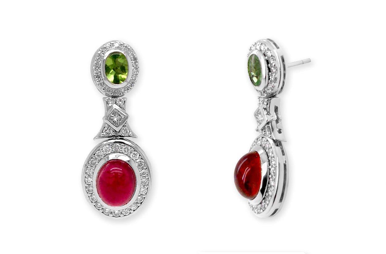 Contemporary Earrings Peridot & Tourmaline Cabochons with Diamonds For Sale