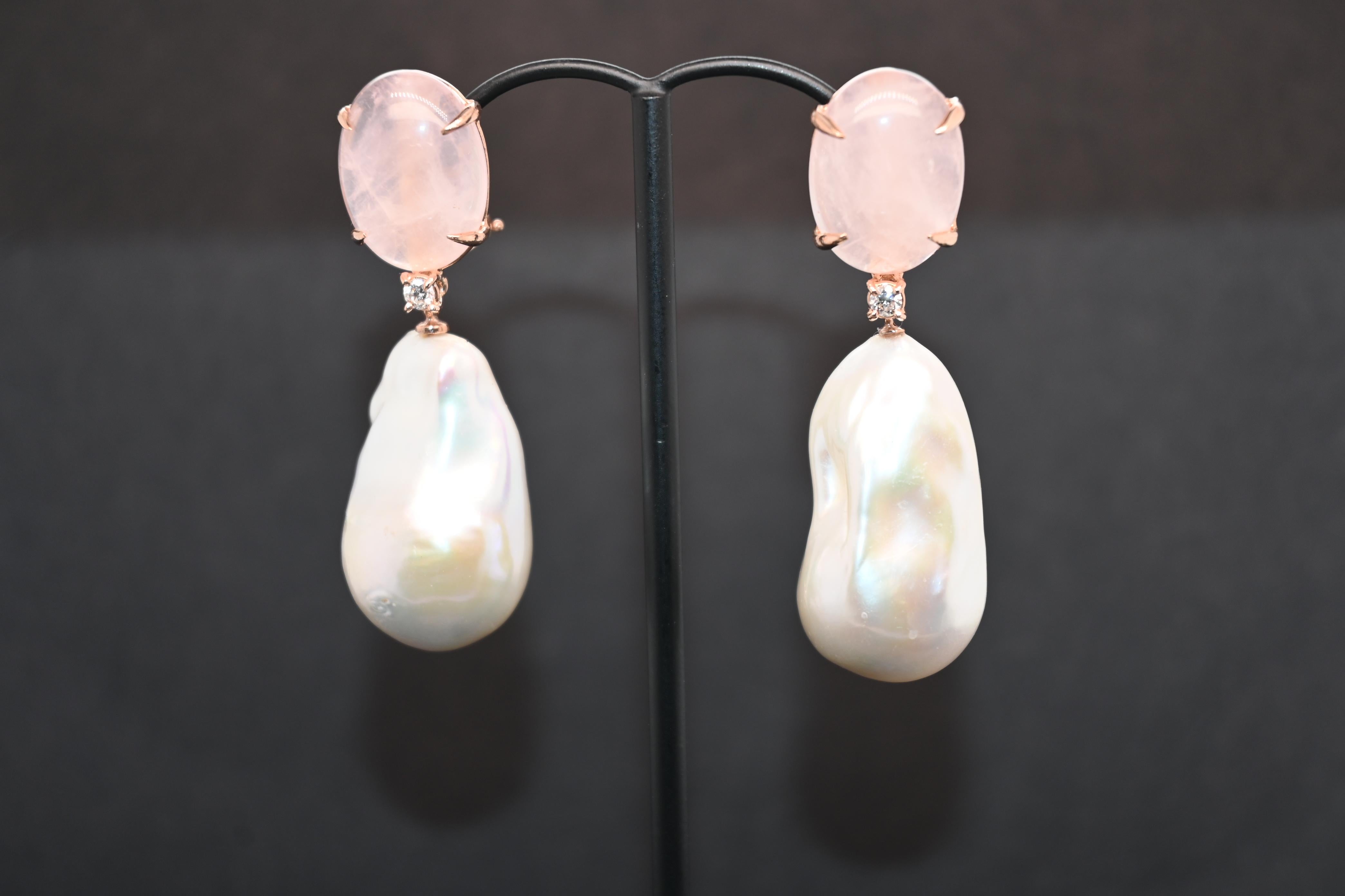 Cabochon Earrings Pink Quartz Diamond Baroque Pearl For Sale