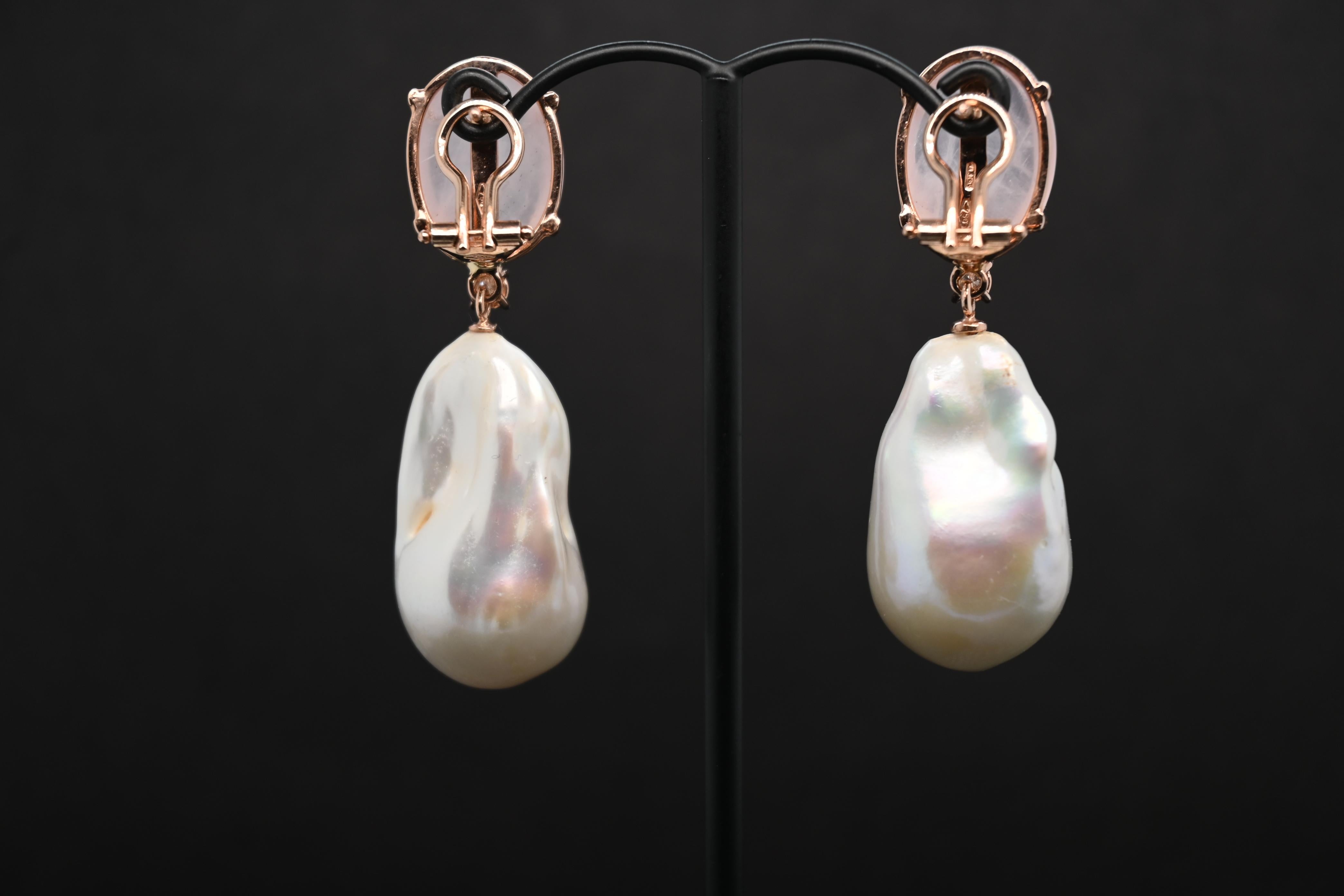 Earrings Pink Quartz Diamond Baroque Pearl In New Condition For Sale In Vannes, FR