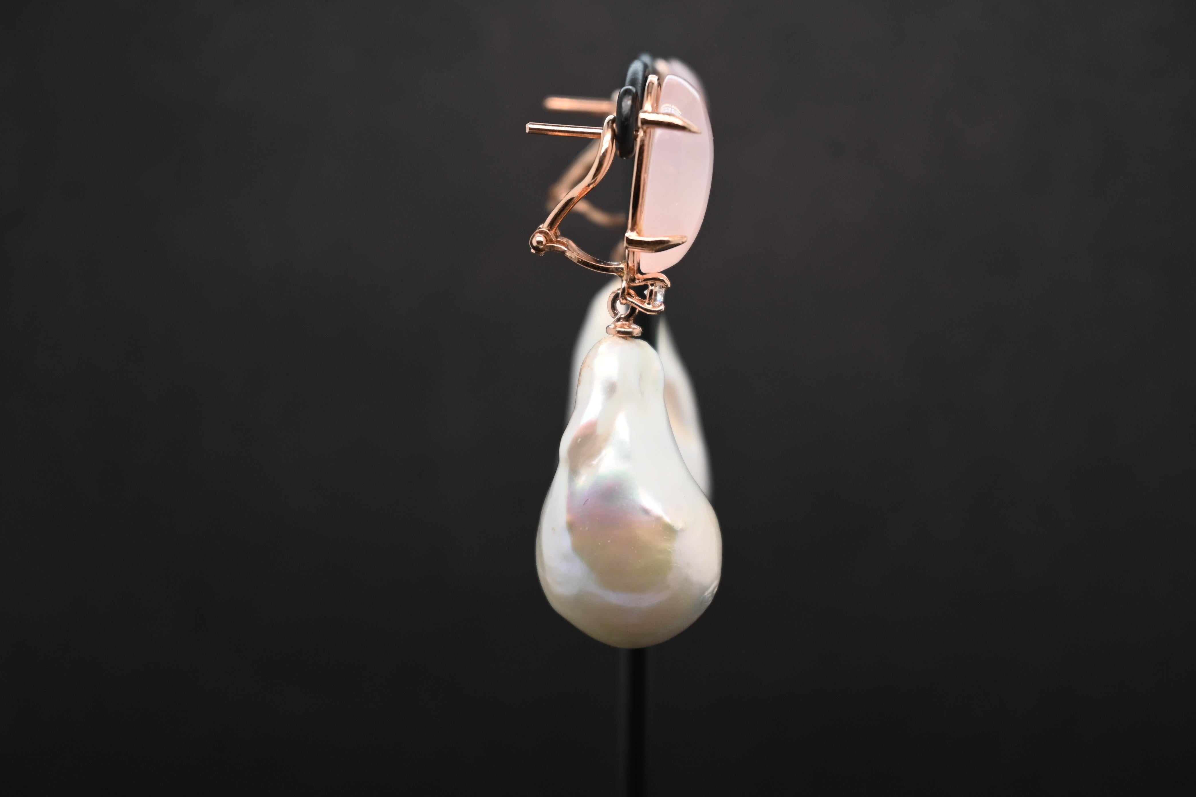 Women's Earrings Pink Quartz Diamond Baroque Pearl For Sale
