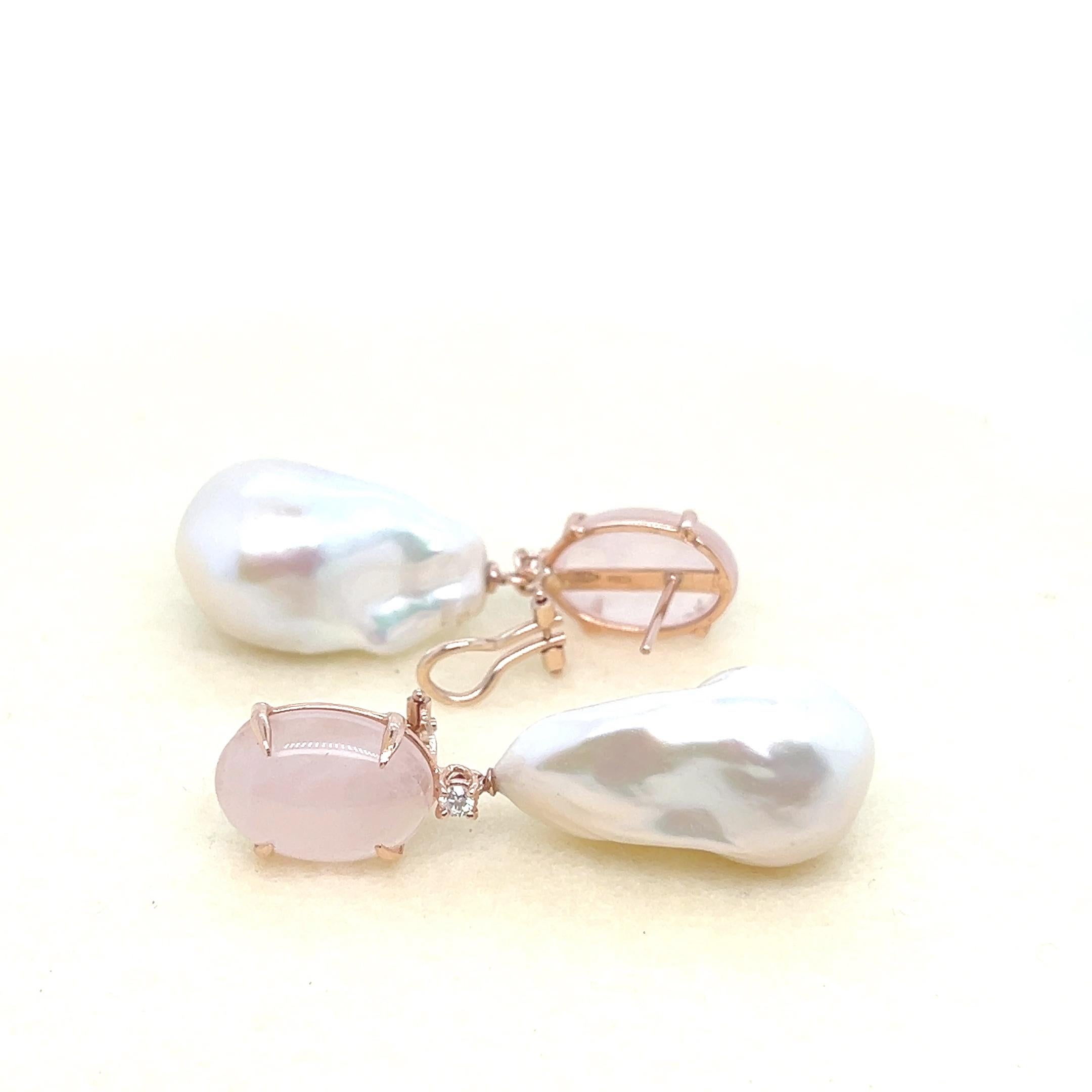 Earrings Pink Quartz Diamond Baroque Pearl For Sale 2