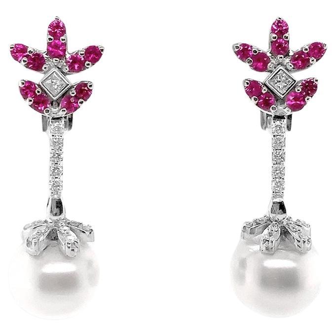 Boucles d'oreilles roses, saphirs et diamants avec perles des mers du Sud en vente