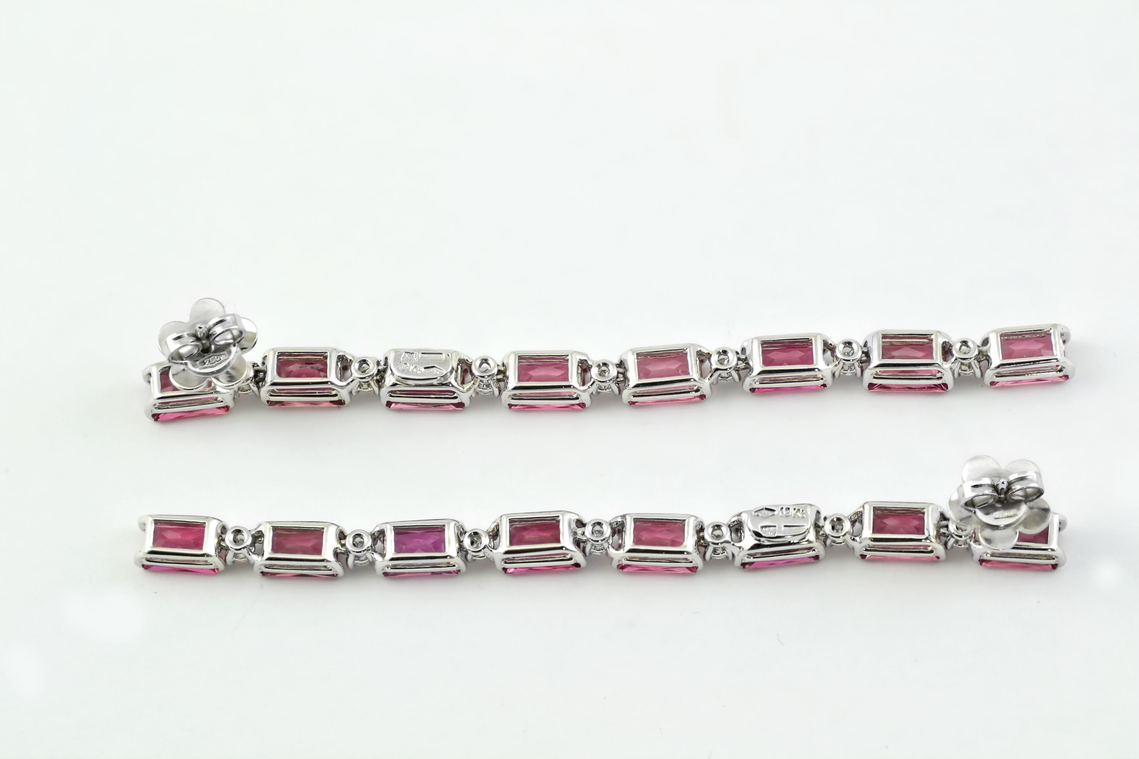 Baguette Cut Pink Tourmaline Diamonds  18KT White Gold Handcrafted in Italy Earrings For Sale
