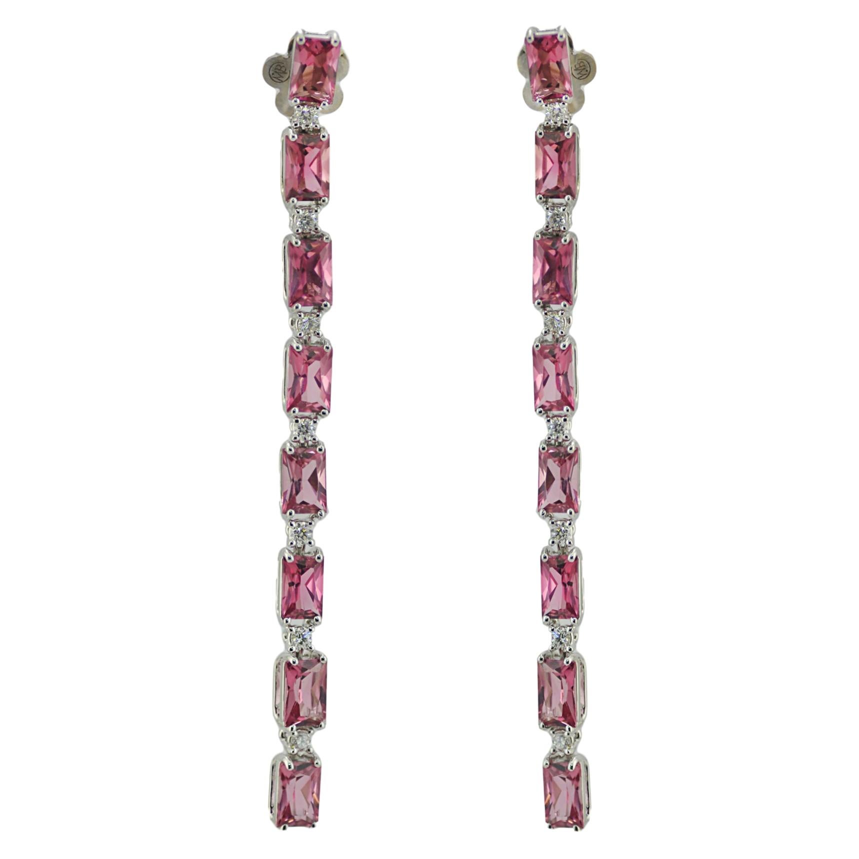 Tourmaline rose et diamants  Boucles d'oreilles en or blanc 18KT fabriquées à la main en Italie en vente