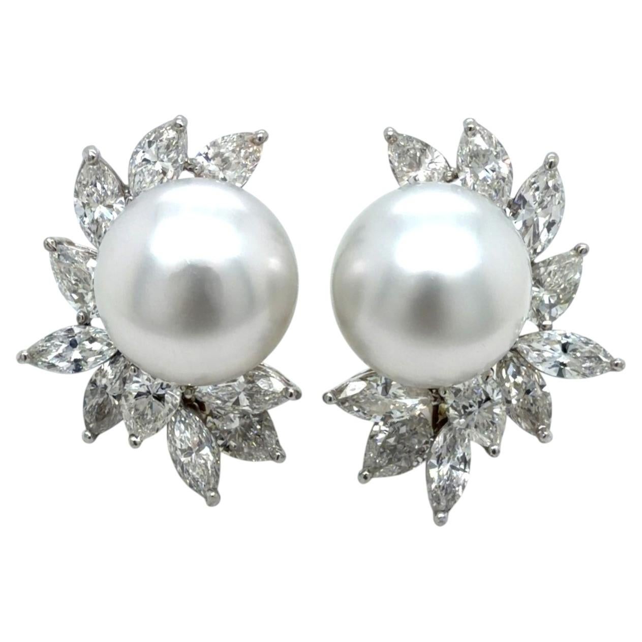 Orecchini - Platino, oro bianco 18 carati, diamante marquise 10,00 CTW e mare del Sud 14,8 mm