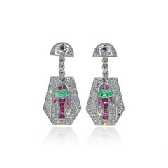 Earrings, Platinum Egyptian Revival Ruby, Emerald, Sapphire and Diamond Drop