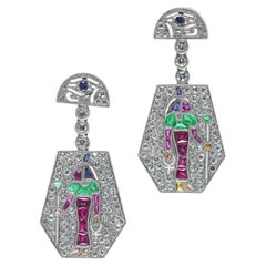 Earrings, Platinum Egyptian Revival Ruby, Emerald, Sapphire and Diamond Drop