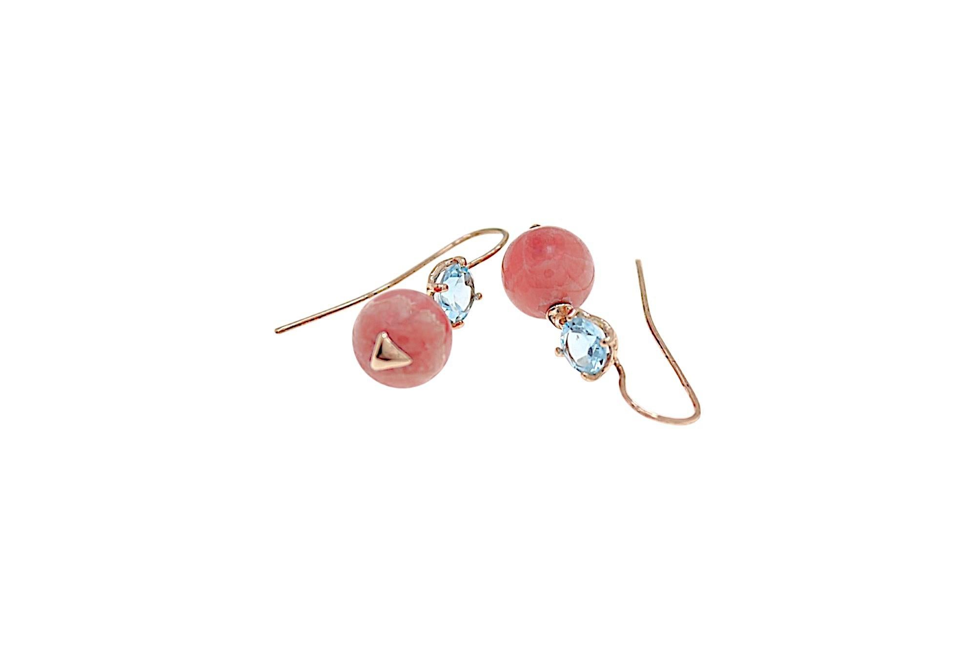 Pendientes Oro rosa Rodocrosita talla perla Topacio azul talla brillante Contemporáneo en venta