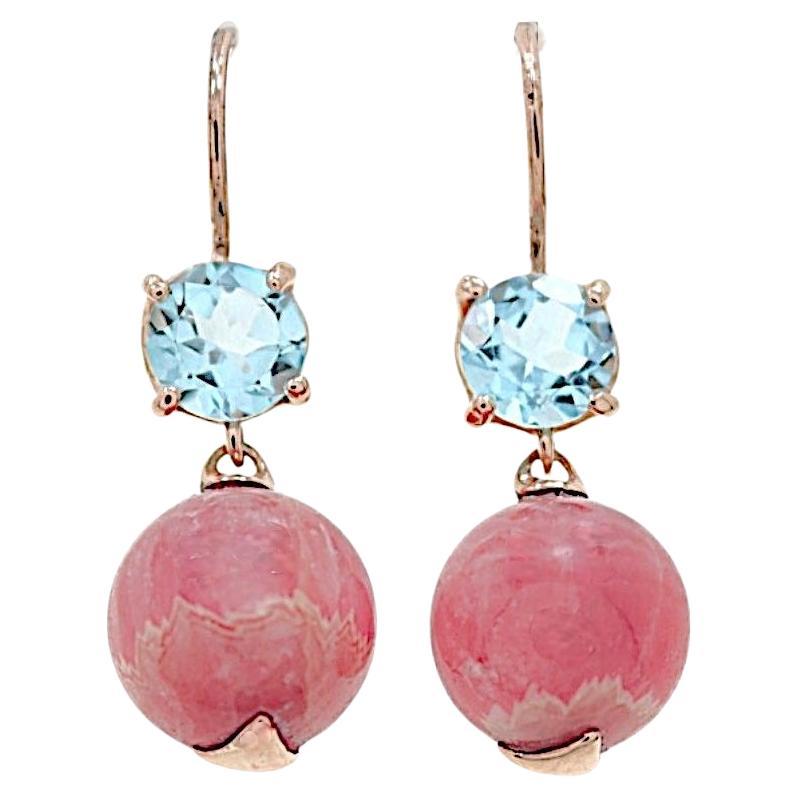 Pendientes Oro rosa Rodocrosita talla perla Topacio azul talla brillante