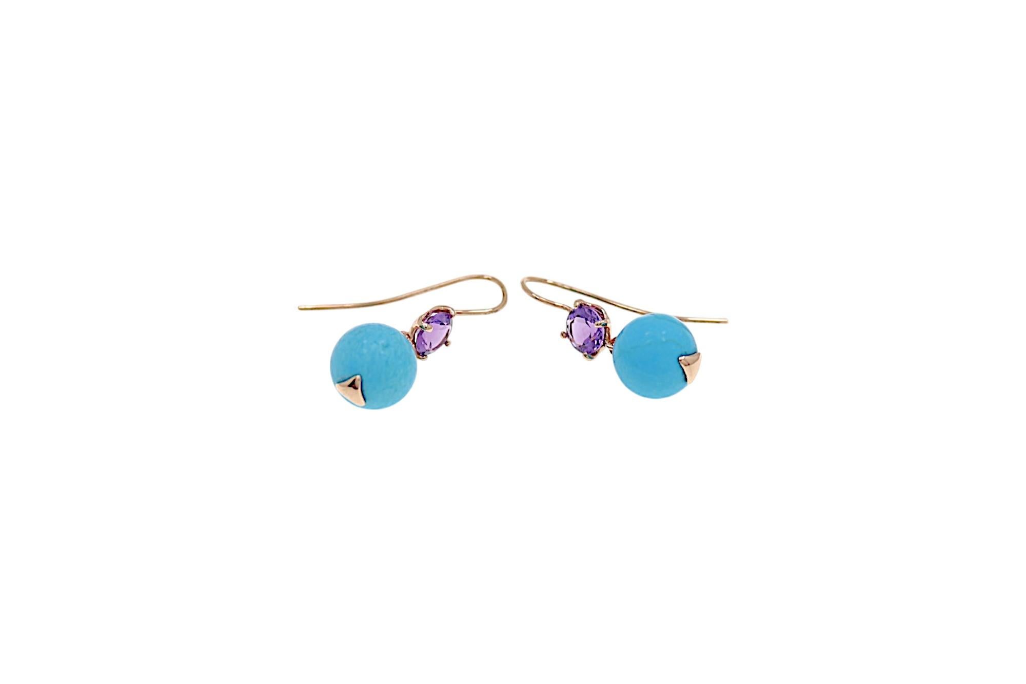 Pendientes Oro Rosa Perla Corte Turquesa Corte Brillante Amatista Contemporáneo en venta