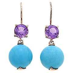 Boucles d'oreilles or rose Turquoise taillée en perle Améthyste taillée en brillant